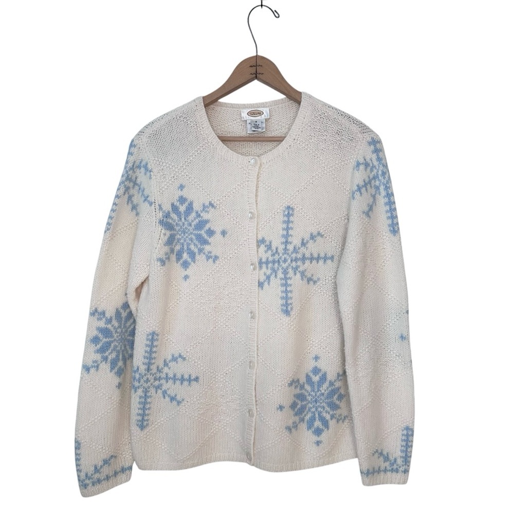 Talbots Blue Snowflake Lambswool Angora Button Down Cardigan Sweater Size Medium